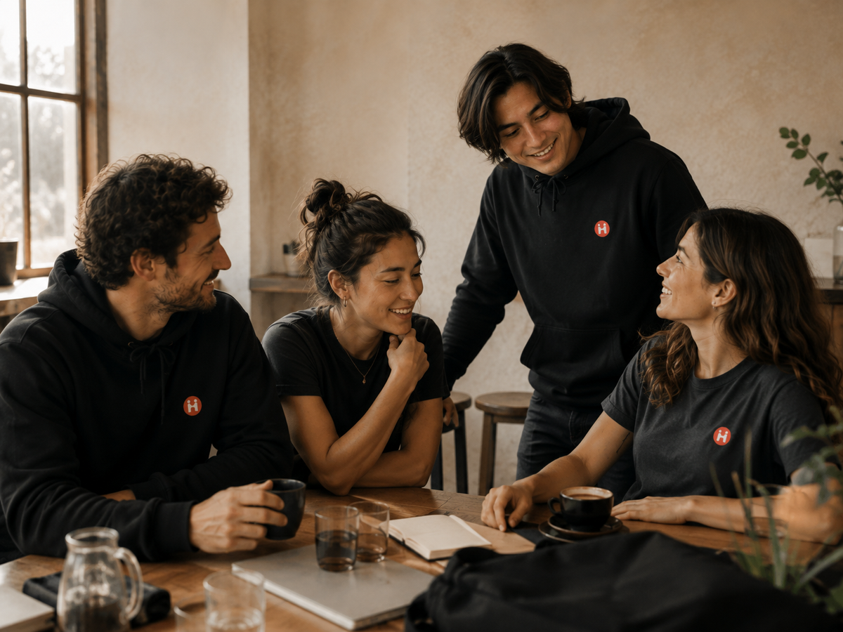 A small group talking and laughing together around a café table