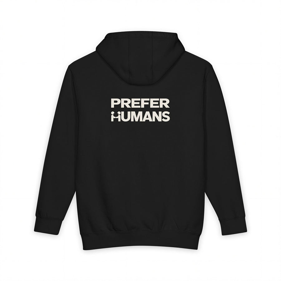 PREFER HUMANS hoodie, back, with the PREFER HUMANS wordmark printed across the shoulders