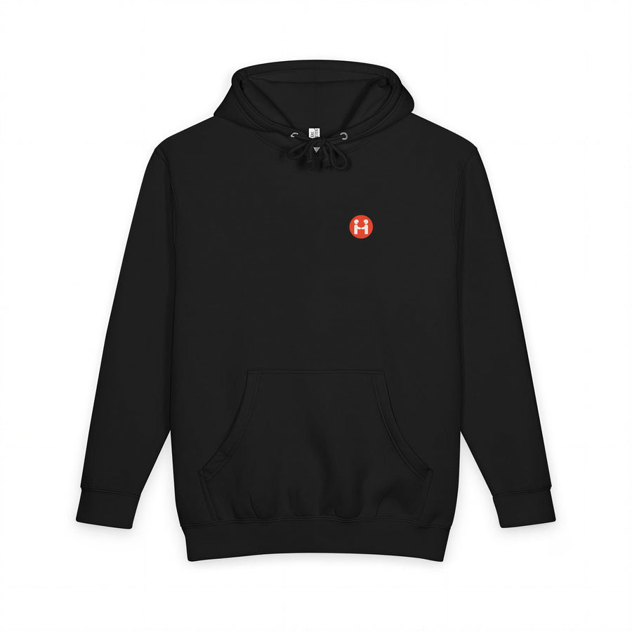 PREFER HUMANS hoodie, front, with the small Human Signal badge on the chest
