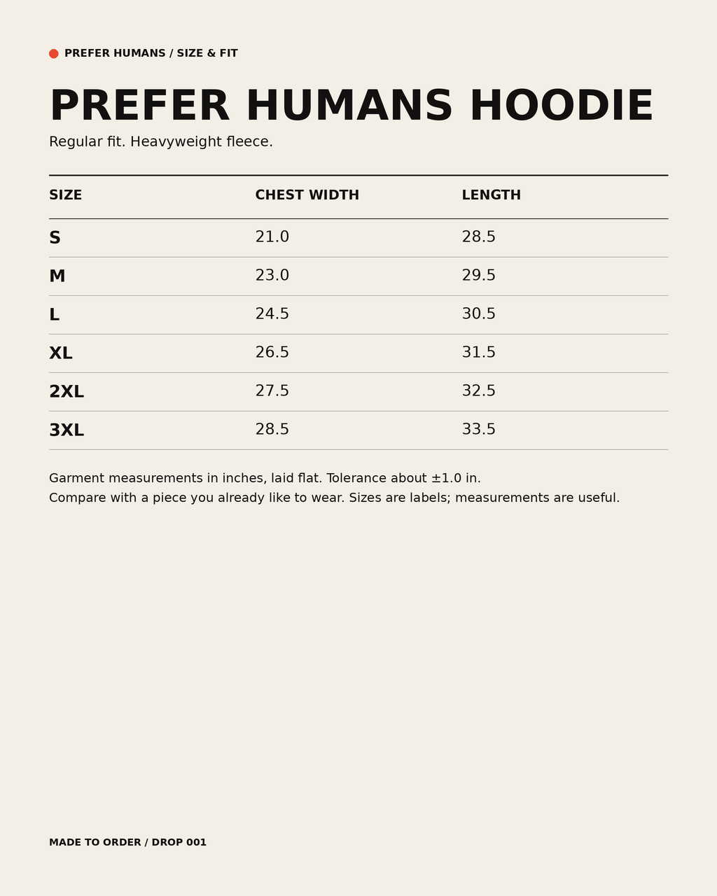 Size chart, not a product photo: PREFER HUMANS Hoodie garment measurements in inches (chest width, length) for sizes S to 3XL, tolerance about 1 in.