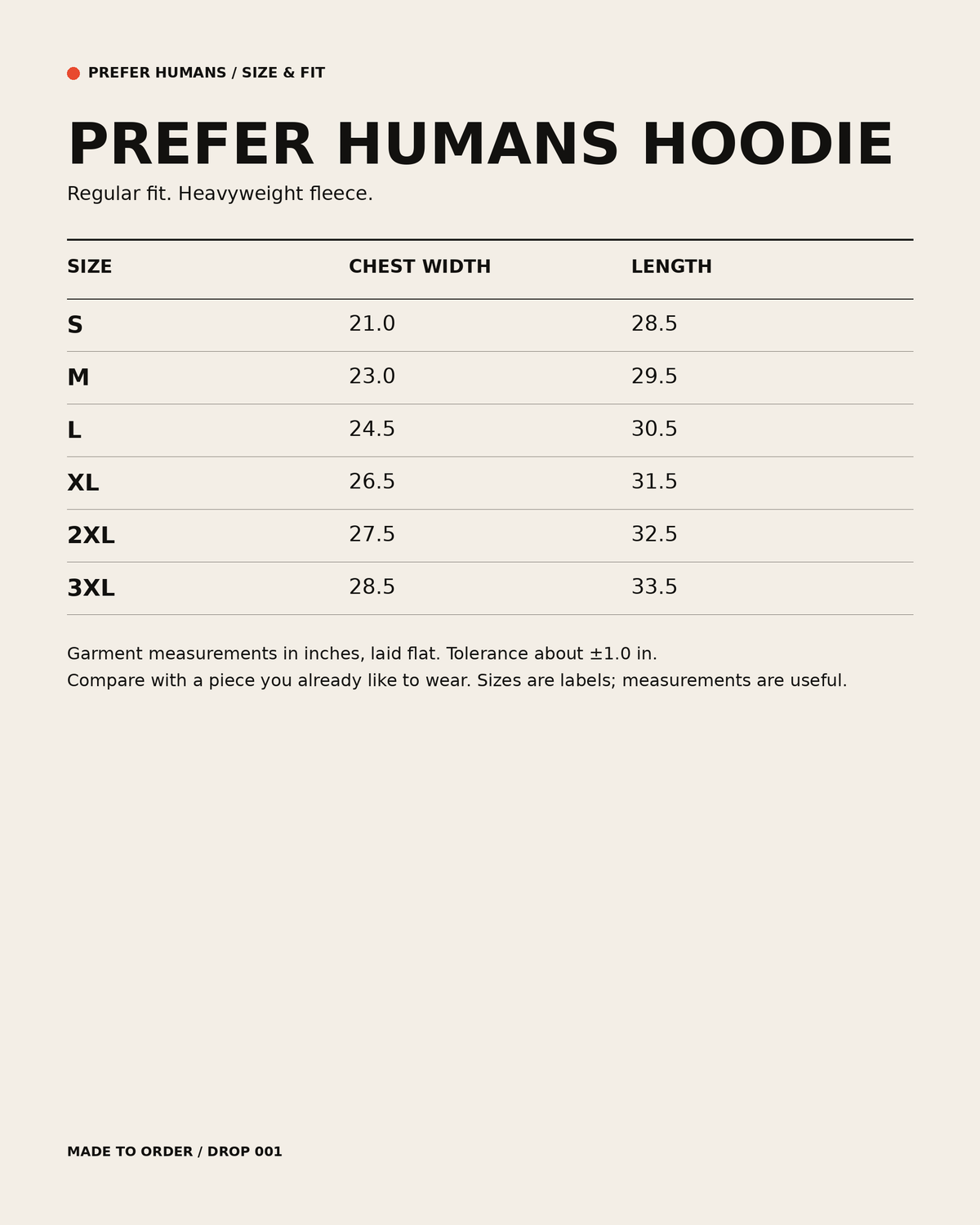 Size chart, not a product photo: PREFER HUMANS Hoodie garment measurements in inches (chest width, length) for sizes S to 3XL, tolerance about 1 in.