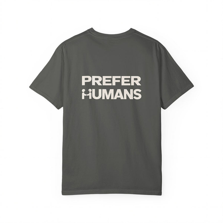 PREFER HUMANS tee, back, with the PREFER HUMANS wordmark printed across the shoulders