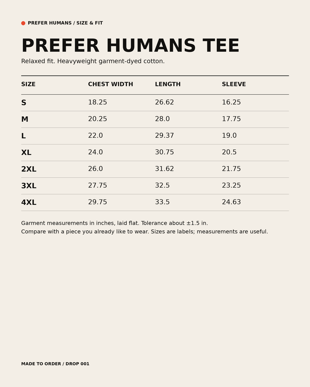 Size chart, not a product photo: PREFER HUMANS Tee garment measurements in inches (chest width, length, sleeve) for sizes S to 4XL, tolerance about 1.5 in.
